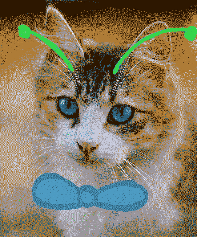 a black tabby and white cat with vibrant blue eyes. They have a drawn bow edited onto them as well as green antenna.